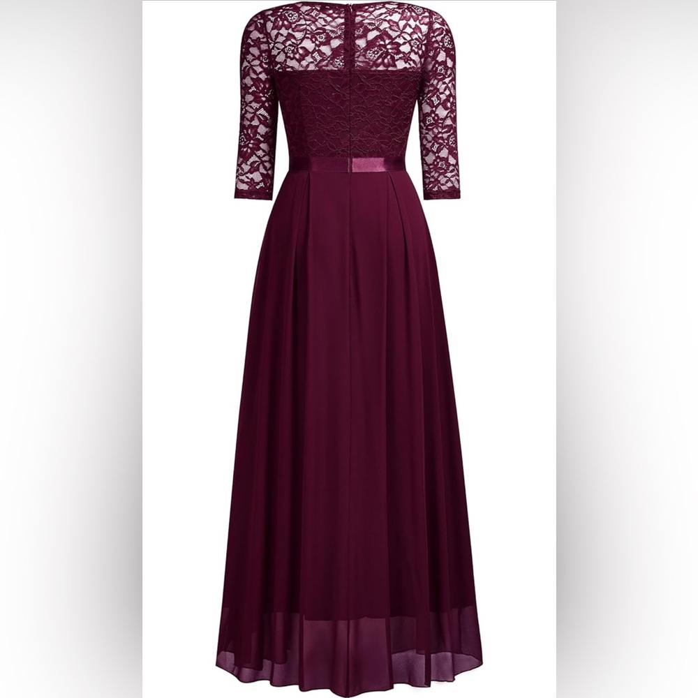 Miusol Burgundy Lace Bodice Chiffon Evening Gown - Picture 7 of 11